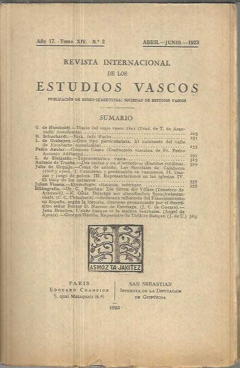 REVISTA INTERNACIONAL DE LOS ESTUDIOS VASCOS. AO 17. TOMO XIV. N.2.