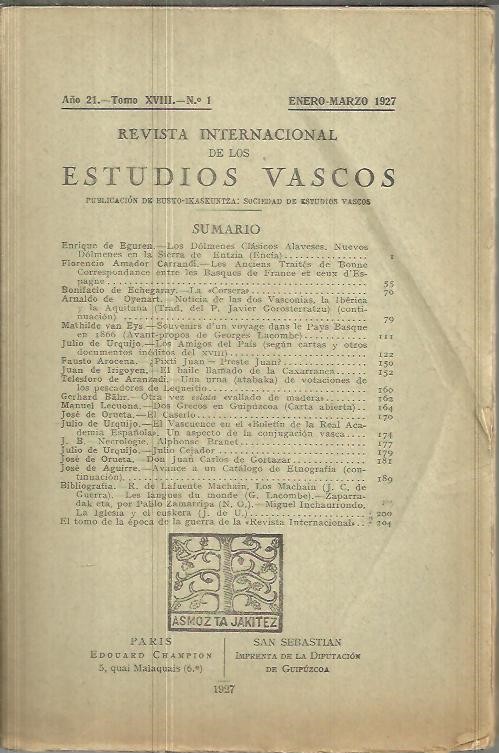 REVISTA INTERNACIONAL DE LOS ESTUDIOS VASCOS. AÑO 21. TOMO XVIII. N.1.