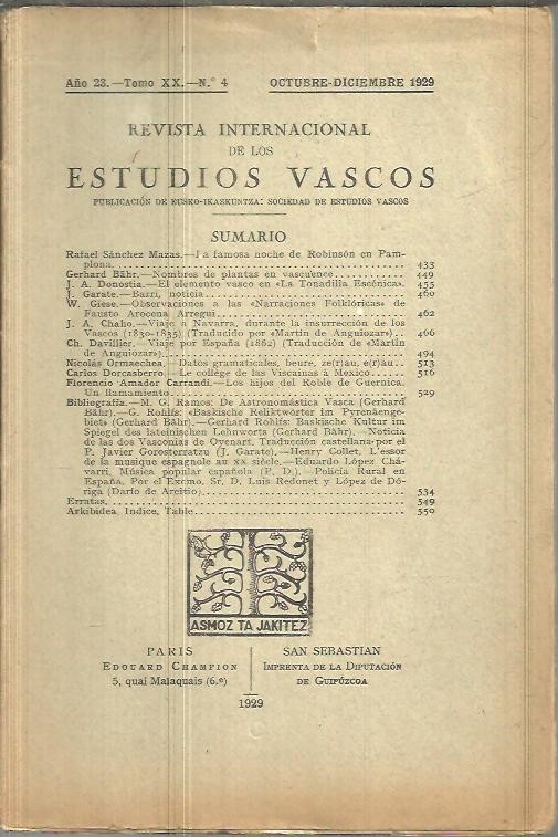 REVISTA INTERNACIONAL DE LOS ESTUDIOS VASCOS. AO 23. TOMO XX. N.4.