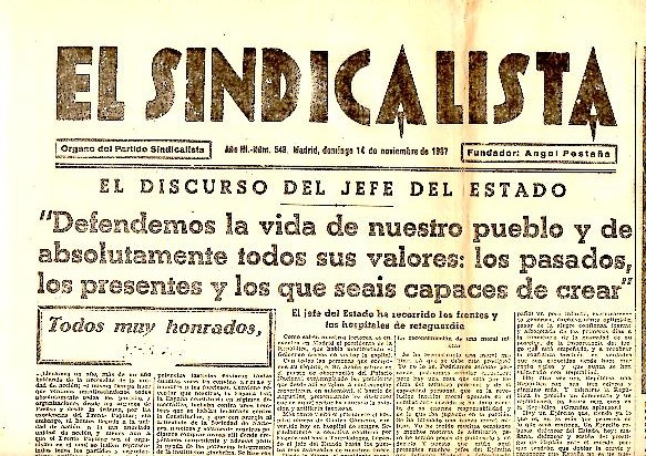 EL SINDICALISTA. ORGANO DEL PARTIDO SINDICALISTA. AÑO III. N. 548. 14-NOVIEMBRE-1937.
