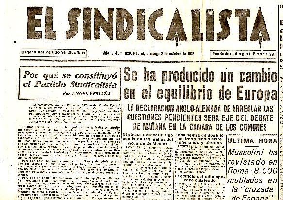 EL SINDICALISTA. ORGANO DEL PARTIDO SINDICALISTA. AÑO IV. N. 828. 2-OCTUBRE-1938.