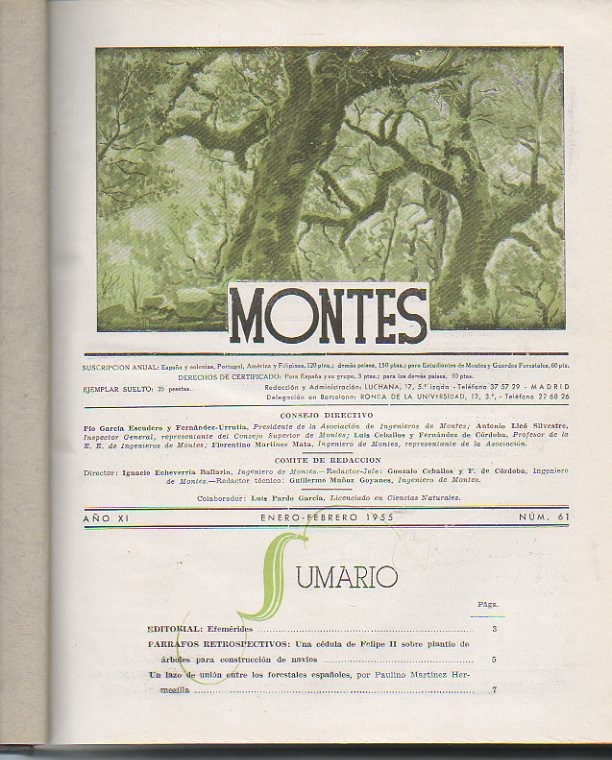 MONTES. PUBLICACION DEL CUERPO DE INGENIEROS DE MONTES. 1955. AÑO IX.N. 61-66.